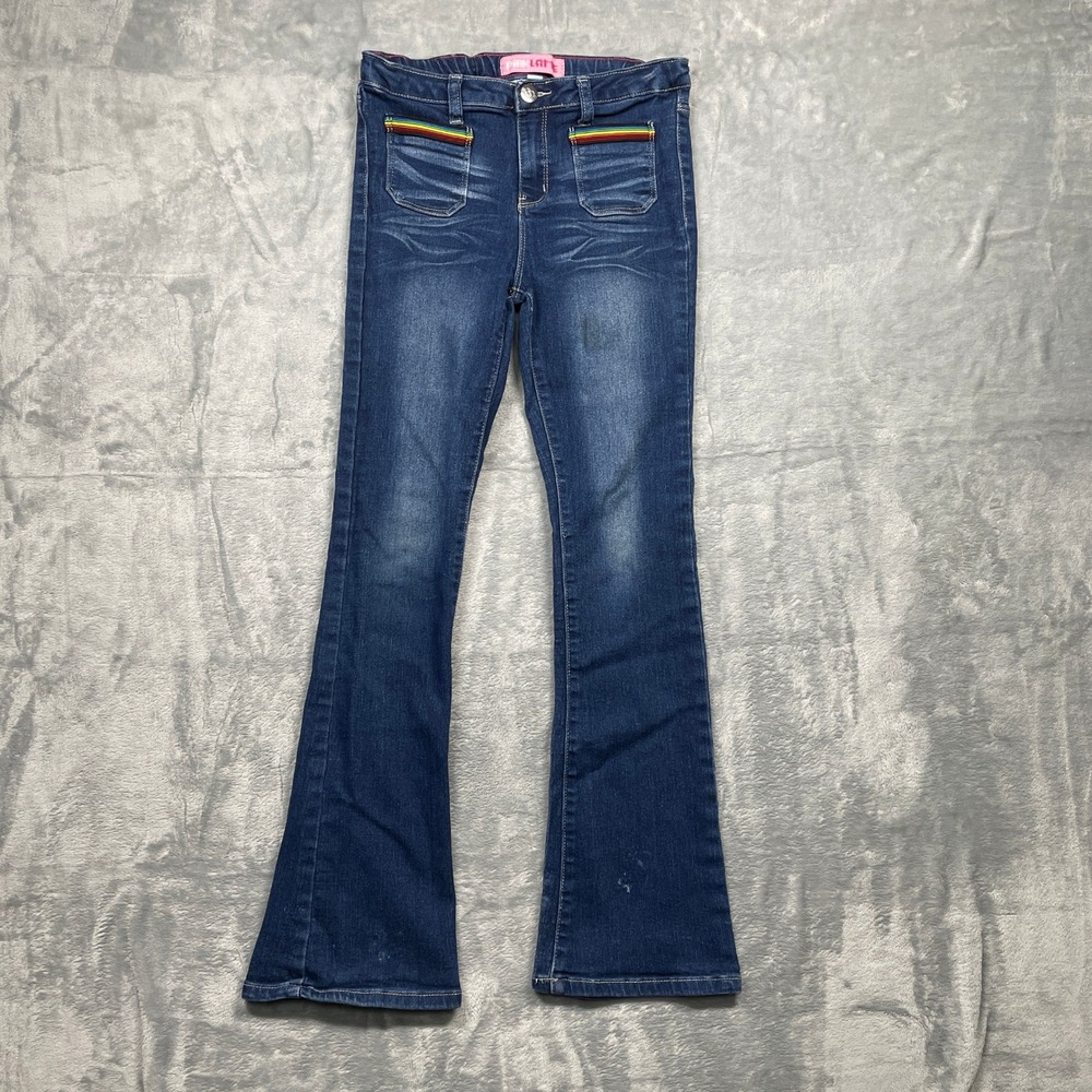 Pink Latte Kids Girls Blue Denim Boot Cut Bottom Jeans Rainbow Pocket Size 12